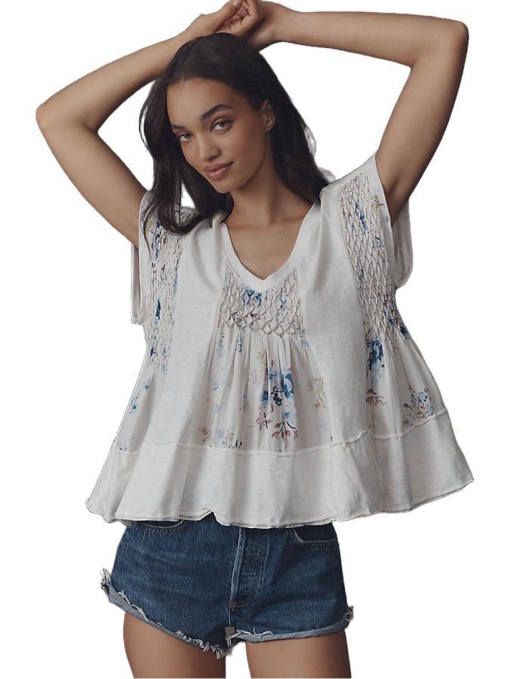 ANTHROPOLOGIE XS Smocked Swing Tee White Blue Floral Oversized
